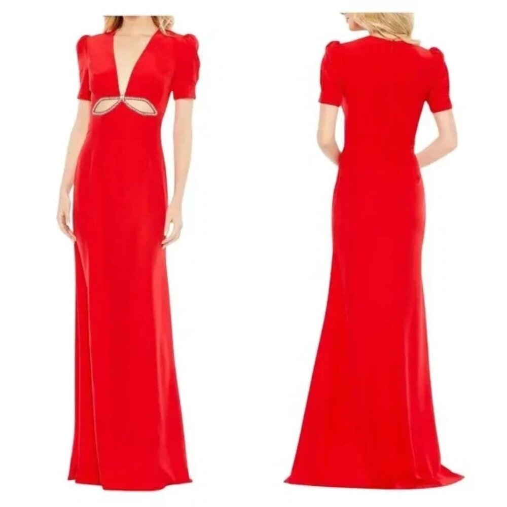 Mac Duggal Red Gown Size 12 NWT Ieena A2630 Cutout Puff Sleeve Dress